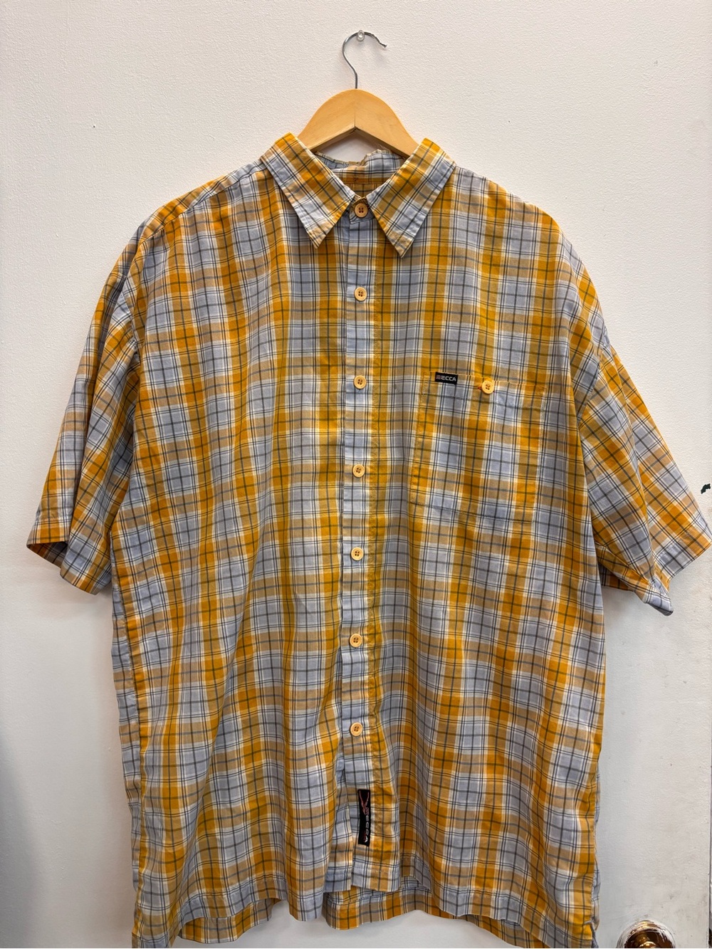 Y2K Distressed Mecca Short Sleeve Plaid Casual Button-down Shirt - Yellow & Gray